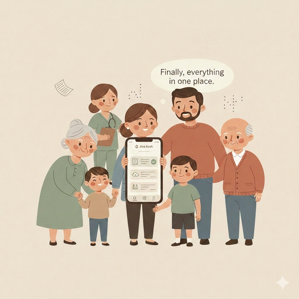 Happy Indian family with all health records organized in one place