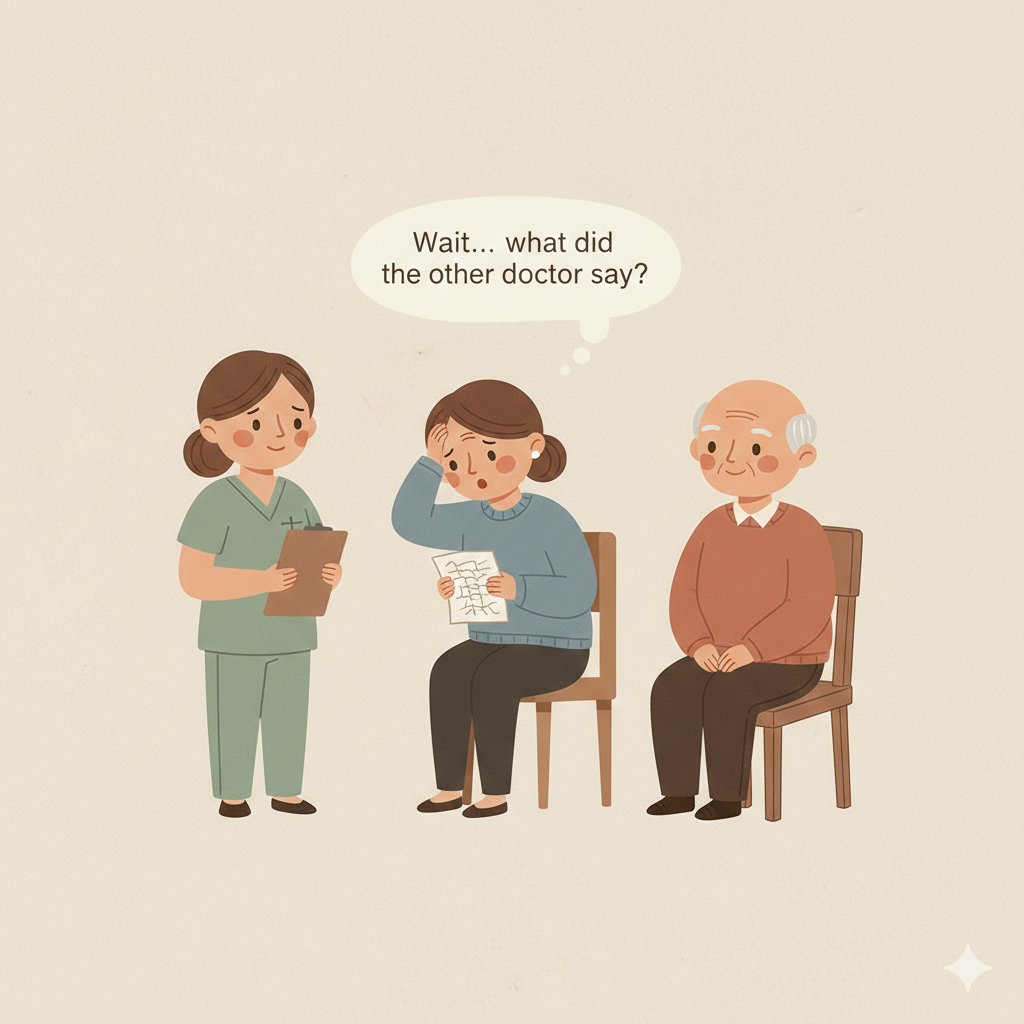 Elderly parents comfortably using WhatsApp to share health records